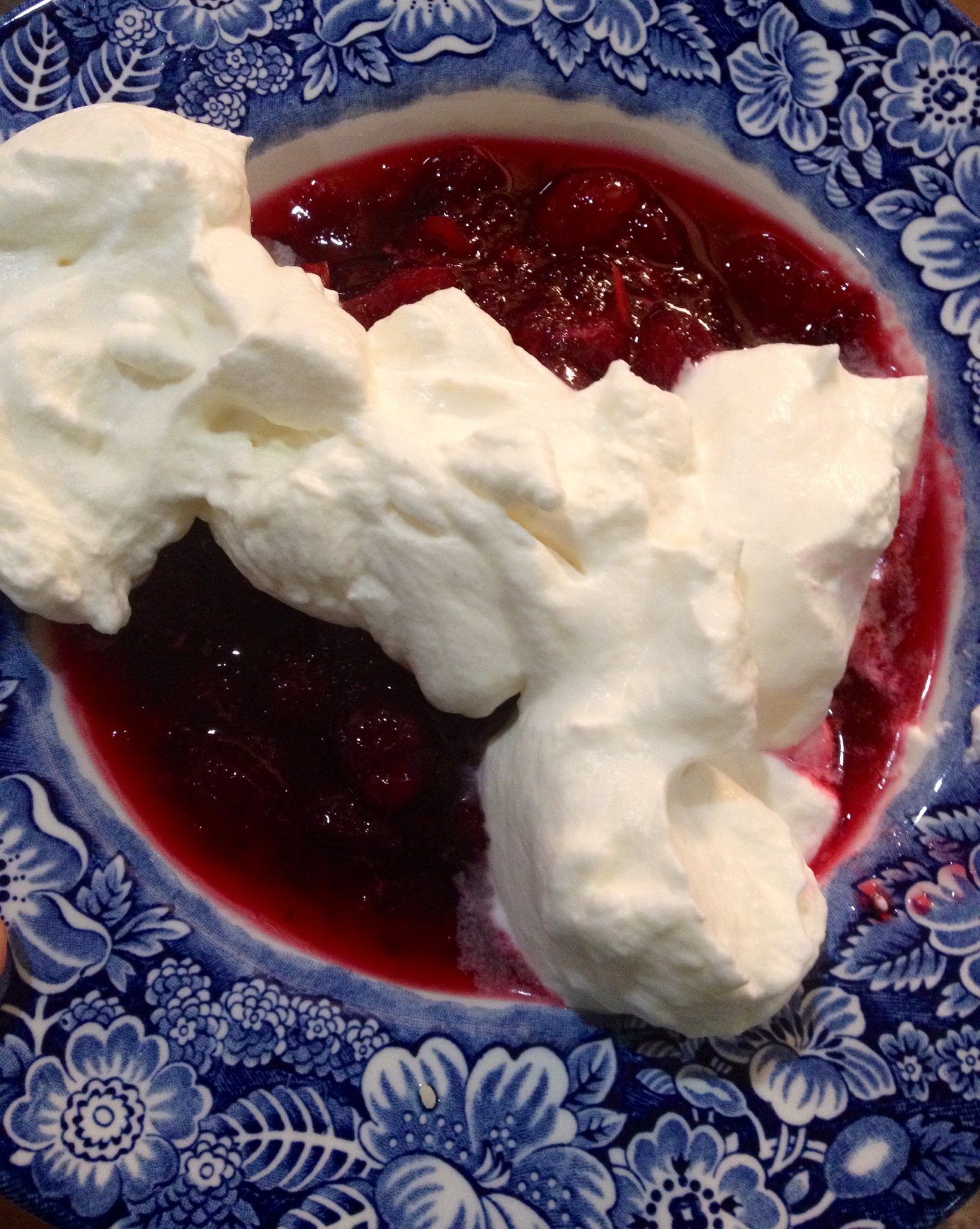 Great idea for left over home made cranberry sauce from Thanksgiving: serve on a pretty plate with whipped cream.  Voila, a tart and sweet and colorful dessert!