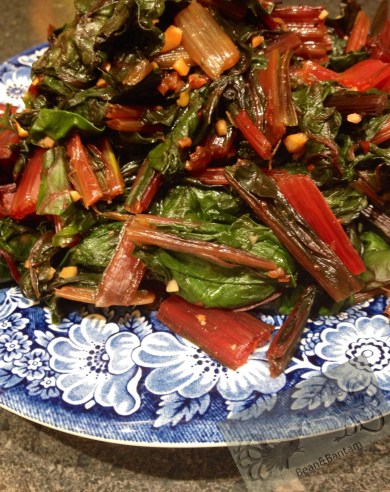 Spicy chard greens with red pepper flakes, salt, garlic and lemon