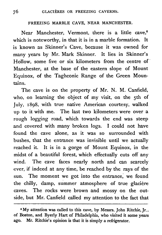 Skinner's Cave on Mount Equinox in Manchester, Vermont From “Glacieres; or Freezing Caverns” author Edwin Swift Balch published by Allen Lane & Scott in 1900 