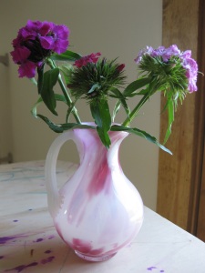 Sweet William in a raspberry swirl vase